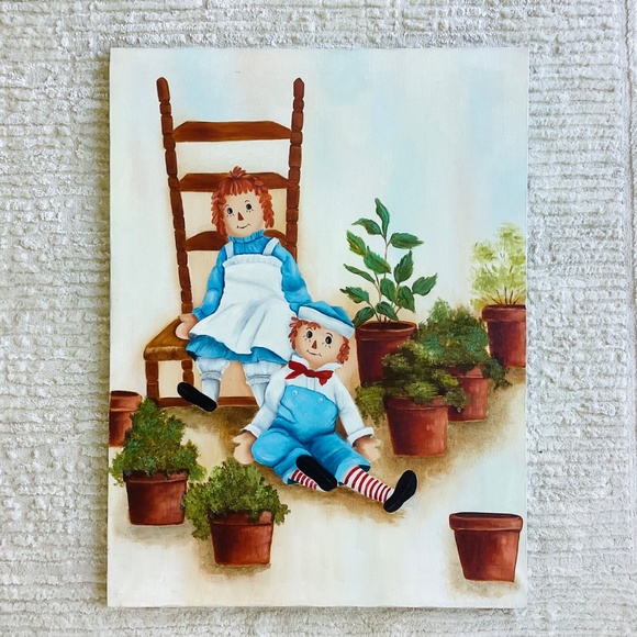 Vintage Raggedy Ann and Andy Large Oil Painting Canvas Initials On Back 18x24” - Picture 12 of 13